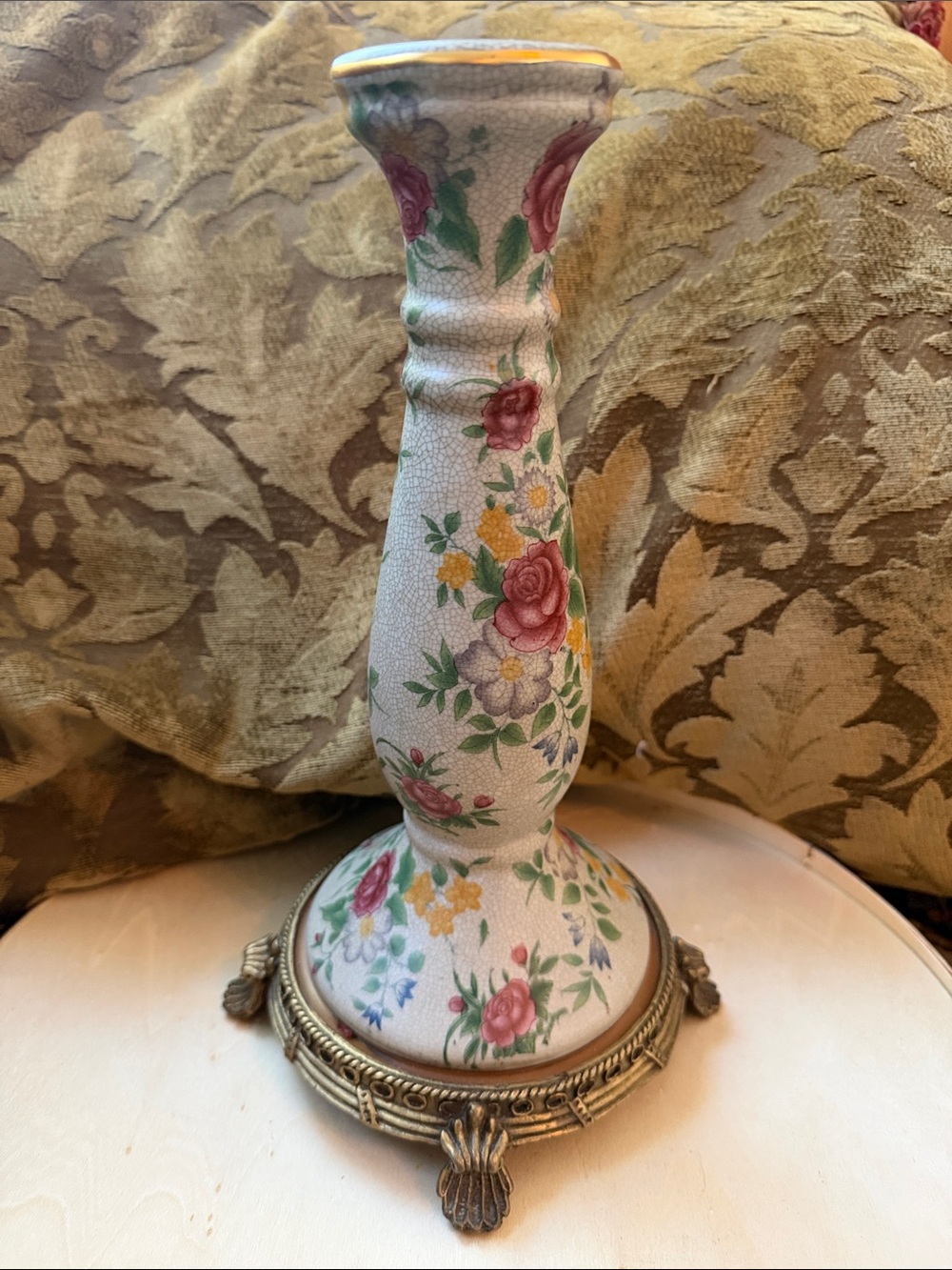 Vintage Porcelain Floral Ceramic Candlestick Holder with intricate brass base